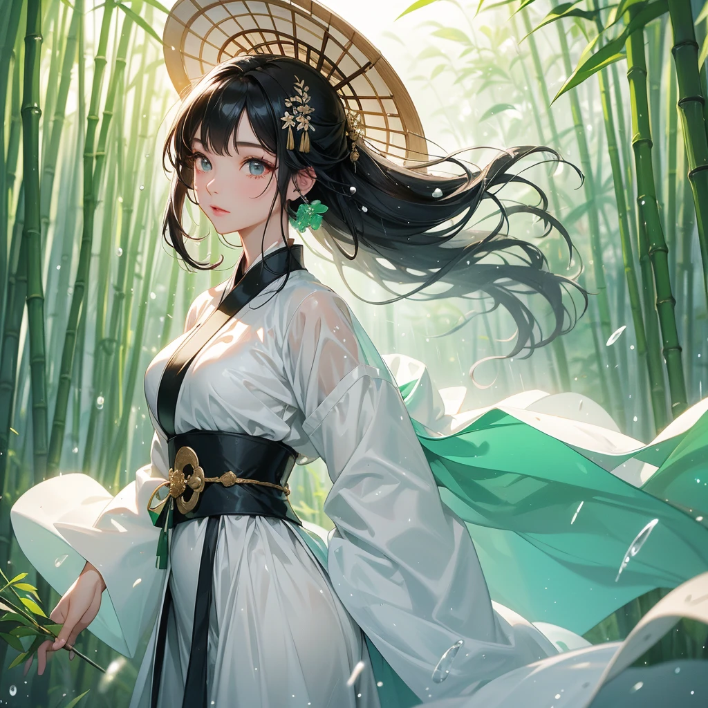 A black hair beautiful female in white hanfu dress , close up.
The back is a lush green bamboo forest. The air after rain has water droplets splashing around.