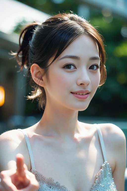a Close-up portrait of gorgeous smiling cute Japanese woman in a glamorous Fishnet dress outfit, delicate facial features, porcelain-skinned, ponytail, a fusion of young Marion Cotillard's striking eyes and young Anne Hathaway's introspective gaze, long and slender cute face, curved eyebrows, droopy hooded eyes, lower nasal bridge, slim wavy nose, smiling, thin lips, short pixie cut hair, silhouette, bokeh, outstretched right hand to pointing at the viewer, skylight atrium pool background, depth of field, photo, film,
