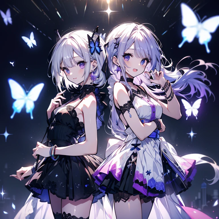 2 people、Mature、Ample breasts、Long Hair、A girl with white hair and a girl with purple hair、Idol Group、2 people組み、Diva、Open Mouth、sing、Back to Back、Turn your backs on each other、Live Stage、Black costume、Lace fabric、Shoulder Bare、Miniskirt、choker、Earrings、bracelet、Hold the microphone、Starry Sky、Galaxy Knight、Butterflies fluttering、Spotlight、smile、cool、High resolution、Highest quality