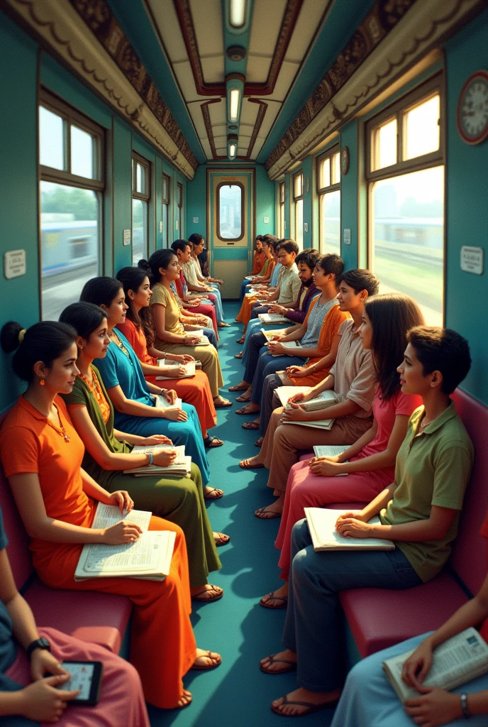 Inside Indian local train moving people sitting spaciously minding their buisness