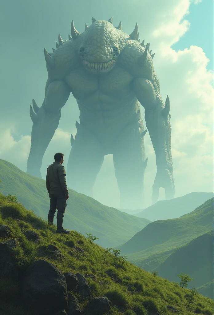 An incredibly detailed matte painting of a man standing on a hill watching a giant alien monster, by makoto shinkai, By Artgerm, From wlop, Greg Rutkowski, Volumetric lighting, Octane Rendering, 4K resolution, Trending on Art Station, masterpiece