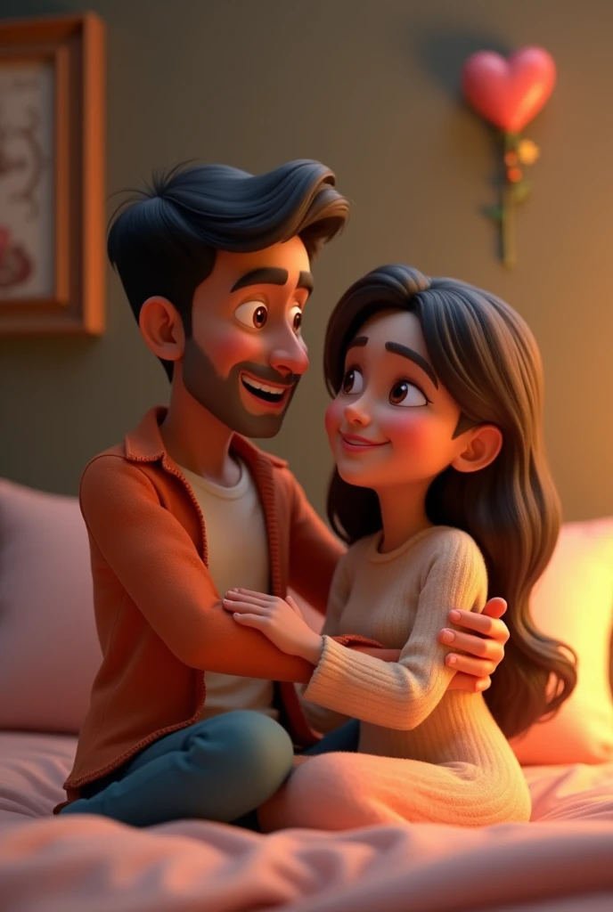 Rohit loves his wife Jenny in the bed 3d animation style 