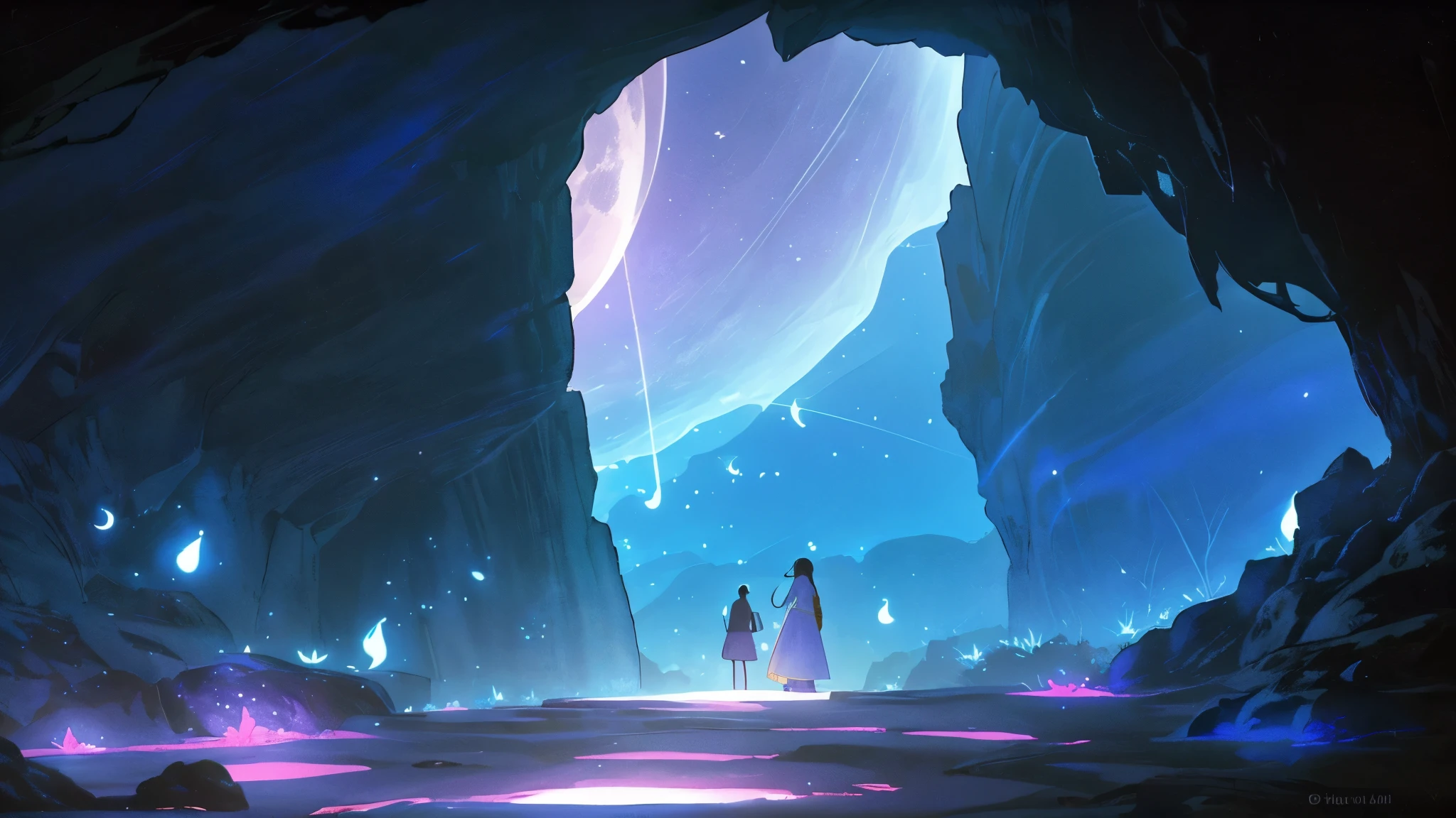 The crescent moon shines in the dark night sky, visible from inside the beautiful cave in which a beautiful stones and diamonds shines with blue and pink and yellow With the gentle light of fireflies. The scenes are depicted in a soft manner., Create a calm and dreamy atmosphere with pastel colors.. The silhouette of the cave entrance frames the landscape.. Enhance the depth and mysterious atmosphere of the moment. This image conveys a delicate balance of light and darkness.A combination of the natural beauty of the moon and fireflies and the tranquility of the cave.."