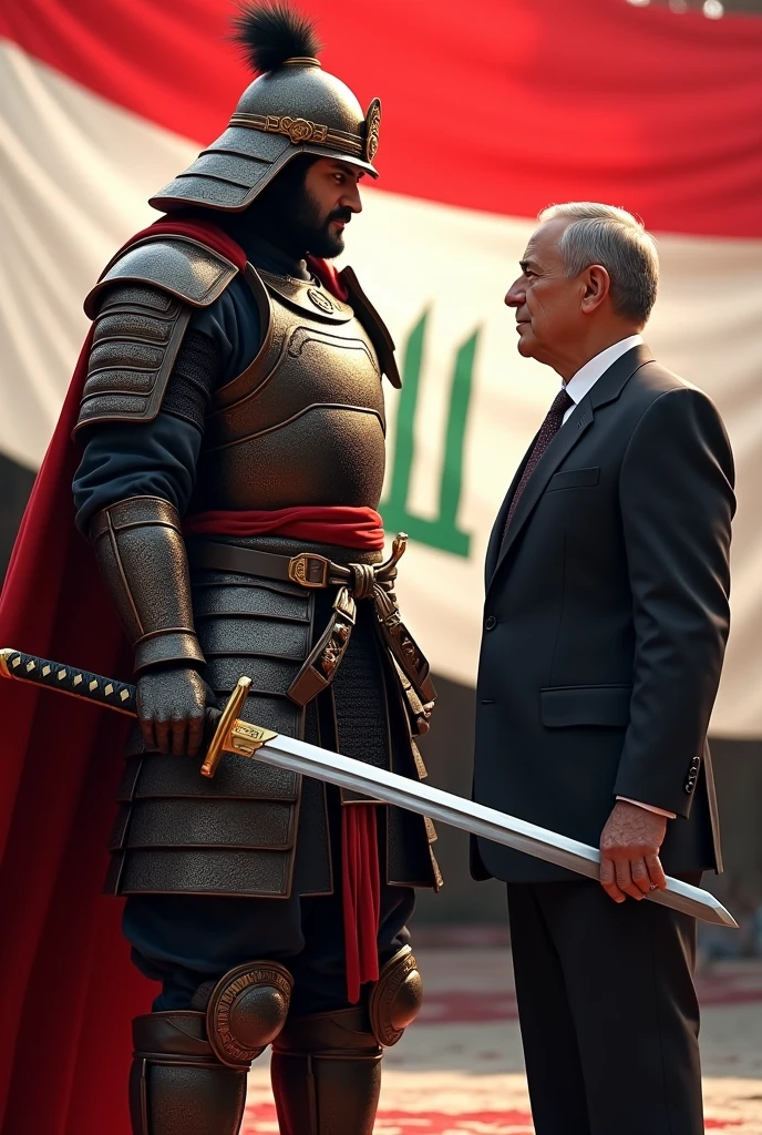 Iraqi samurai holding a katana sword and standing majestically And the President of Iraq stands with him He looks at him with pride And the Iraqi flag flutters beside them.
