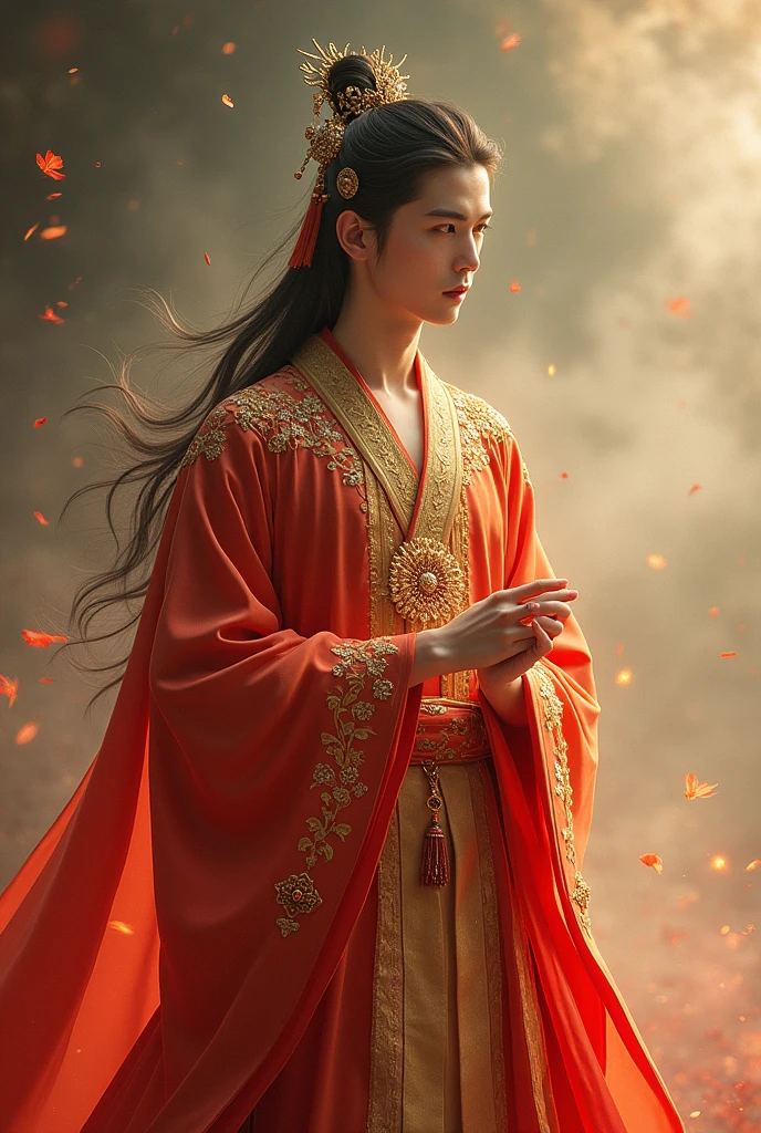 Young man, solo, (((gold and red dress))), flowers, jewelry, long sleeves, wide sleeves, chinese clothes, hanfu, embroidery, long skirt, long flowing hair, detailed face, detailed beautiful eyes, (intricate:1.3), (arcane aura:1.2), (dreamlike:1.3), (subtle mist:1.1),(vibrant colors:1.2), (detailed hair:1.3), (ultra realistic details:1.5),