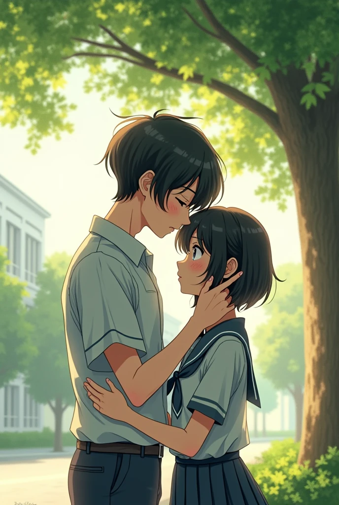 anime style.scene high quality in the school under a tree.A high school couple.A boy which taller than the girl. The boy is touch the girl head.the girl feel ashamed and introvert.the girl is long black hair and the boy is textured bowl cut. Drawing ligh more visible and details。they wear school uniform their skin whitening 