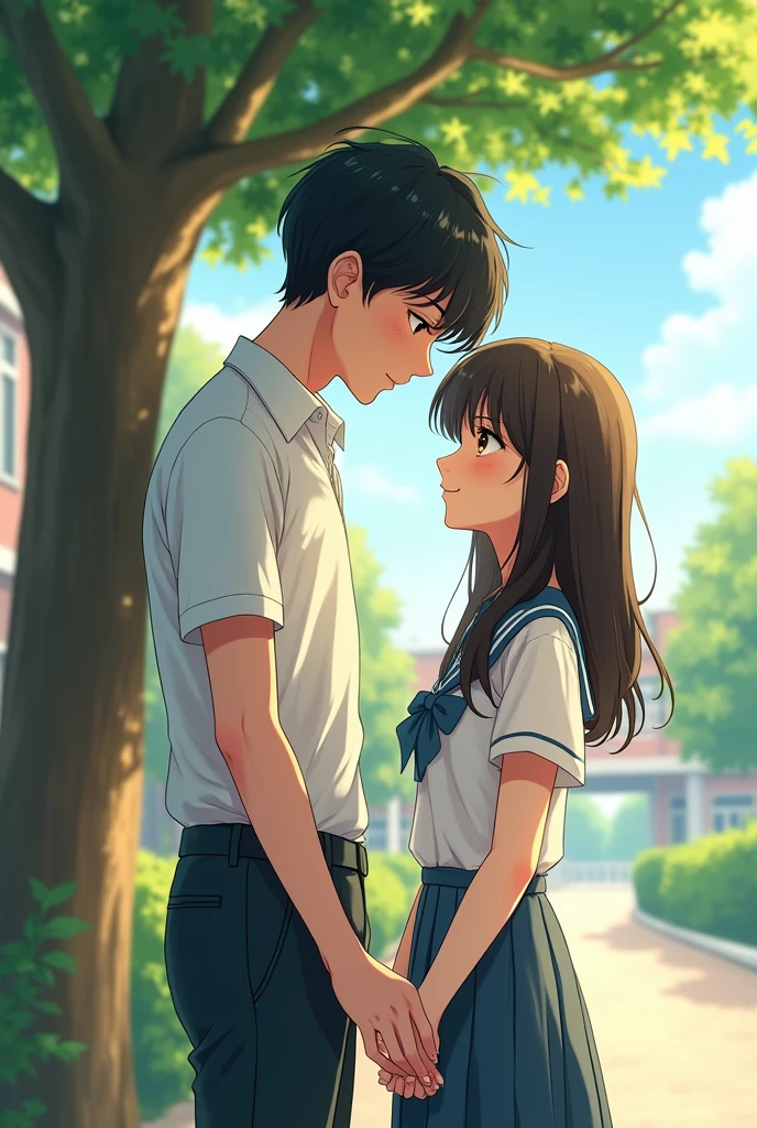 anime style.scene high quality in the school under a tree.A high school couple.A boy which taller than the girl. The boy is touch the girl head.the girl feel ashamed and introvert.the girl is long black hair and the boy is textured bowl cut. Drawing ligh more visible and details。they wear school uniform their skin whitening
