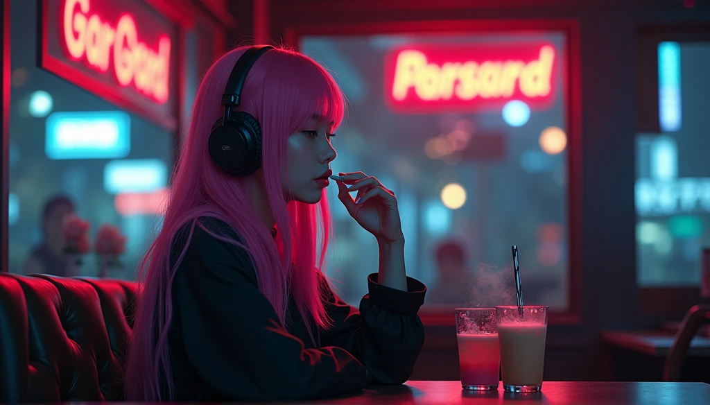 Ghibli-style anime,Asian woman with pink hair wearing headphones in a cafe at night,Smoke a cigarette,A table with drinks,Neon Black,Highest quality,Model shooting style