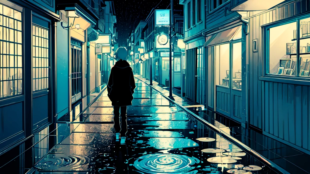 (masterpiece, Highest quality:1.3), (Flat Color:1.3),(colorful:1.3),View your viewers,One person,alone,floating colorful water,(2D:1.3), Hatsune Miku,Rainy night、Unending memories、Dimly lit street lamp