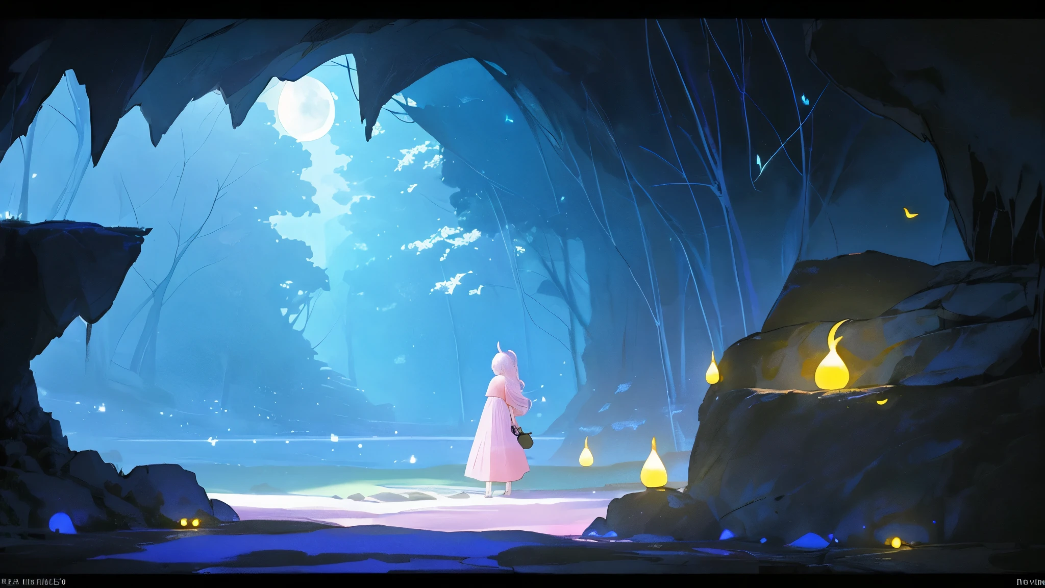 The crescent moon shines in the dark night sky, visible from inside the beautiful cave in which a beautiful stones and diamonds shines with blue and pink and yellow  With the gentle light of fireflies. The scenes are depicted in a soft manner., Create a calm and dreamy atmosphere with pastel colors.. The silhouette of the cave entrance frames the landscape.. Enhance the depth and mysterious atmosphere of the moment. This image conveys a delicate balance of light and darkness.A combination of the natural beauty of the moon and fireflies and the tranquility of the cave.."

