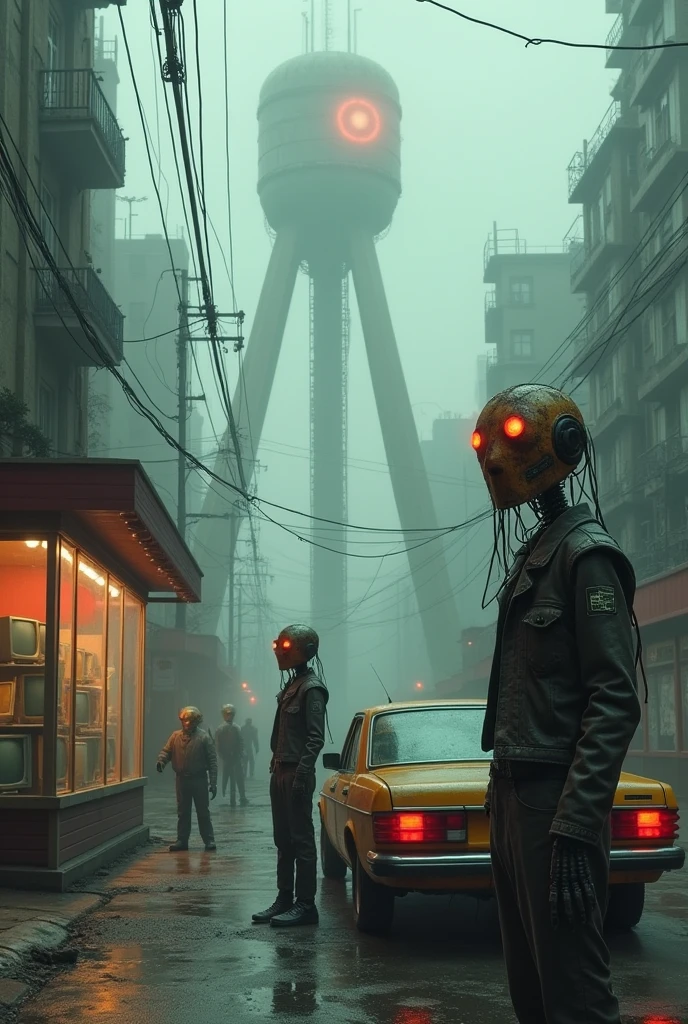 Cyber foggy style destopik street population robots humanoids old destroyed orange creepy metallic fringed with cables from their faces, talking to each other, destopyc cyberpunk street with other robots in the street their orange masks are orange and grunge and their eyes are lights,foggy street with some light spots, realistic sizes,very sad robots dressed like human poors in front of an old shop exposing old televisions they must be seen by back and are looking in front of the vitrine by back,in background a crowded very big building futuristic and sad with gigantic tower red illuminated tripod controling population with lighted eyes and cables from their bodies in train station, change point of view like we see the image from a 70 s car,in a park plying children sad robots with boxes metallic grunged head ,