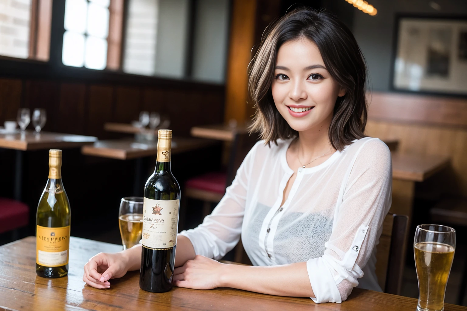 ((Highest quality、8K、masterpiece:1.3))、Sharp focus:1.2、Beautiful woman perfect body:1.4、slimなボディ、((Bob Hale、Straight hair:1.2))、(to be born, Highest quality, masterpiece:1.5), (Realistic, Intricate details:1.2), テーブルにwine glass、Shine light on your face、 Amazing view of the sunset sky and clouds、Amazing mountain views、ニコニコ明るいsmile、smileの素敵な女性、Bright image、2. The beauty of wine, Beautiful Face, blue eyes, The light shines on your face, Blushing, short hair,Bright Face、 (43 years old), 39 years old, Lady、red wine 、Appetizers、Italian food、Wine bottle、Champagne、sparkling wine、Two beauties、Brown Hair、Shortcuts、Long sleeve shirt、dress、Beautiful woman 1, (slimな顔), (The body is slim), (Brown Hair), (Shortcuts), cheeks turn a little red,Attractive beauty、, Out of the window, Beautiful and detailed night view.........., restaurant, In a prominent place (From the waist up) Nova Frog Style, actress, model, Upper Body, White wine, slim, wine glass, 真ん中に置かれたwine glass, smile, (smile: 1.15), Beautiful fine grain, Depth f/2,saturation, High Contrast, Strong light and shadow,Moist Body:1.5、3D texture、Delicate eyes、Brown Hair、The hair is very shiny、
