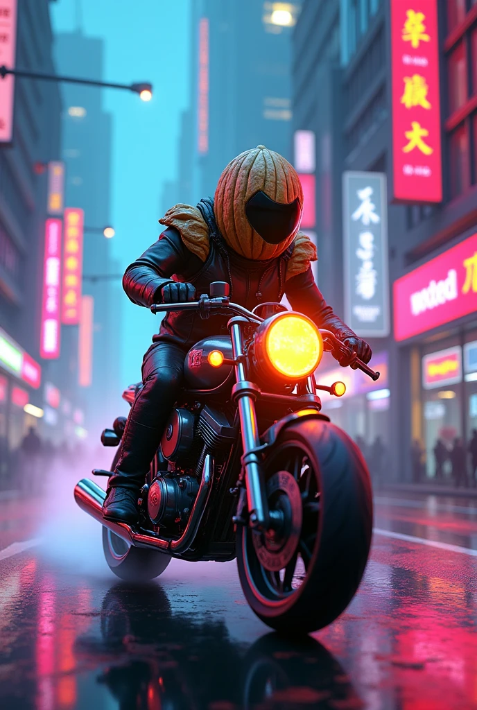 Walnut riding a motorcycle in a neon city.
