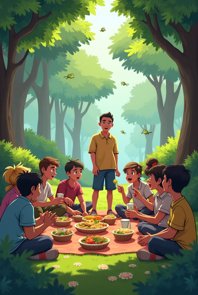 10 Man crowd in forest eating food and 1 man angry frogs are jumping
