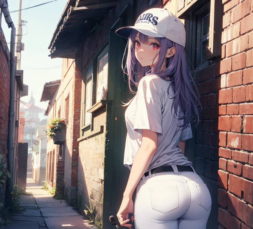 (Close-up:1.3),Realistic,Highest quality, Super detailed, High-quality CG rendering, The most delicate and beautiful, Floating softly, High resolution, (1 person), (Highest quality,4K,8k,masterpiece:1.2), Light purple hair,(Long Hair:1.5),Red eyes,(Pure white oversized short sleeve T-shirt:1.3),(Pure white skinny jeans:1.3),(Pure white baseball cap:1.3),In the city,old buildings,Narrow back alley