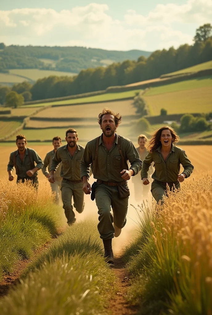Group of English farmers running in the farmland while shouting