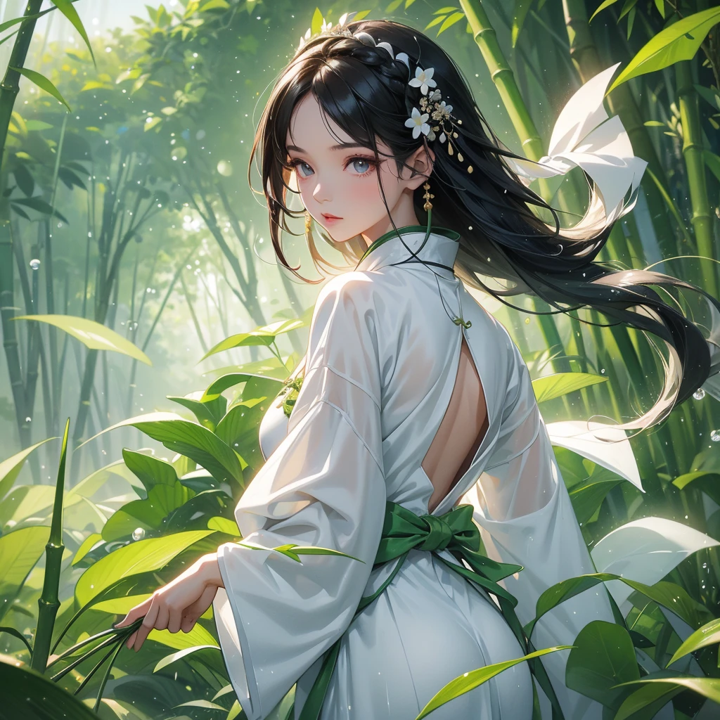 A black hair beautiful female in white hanfu dress , close up.

The back is a lush green bamboo forest. The air after rain has water droplets splashing around.