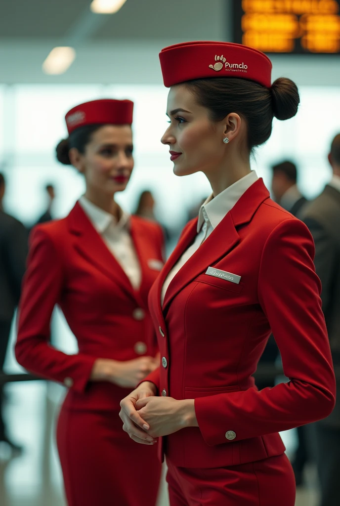 Create hostesses who have the brand pumclo on their uniform and a cat paw print in red, the letters and the paw print so that they are dressed elegantly and say PUMCLO, put hats on them so that they are real people, so that they are HOSTESSES at the airport with real women who say PUMCLO, who say PUMCLO in Spanish.
