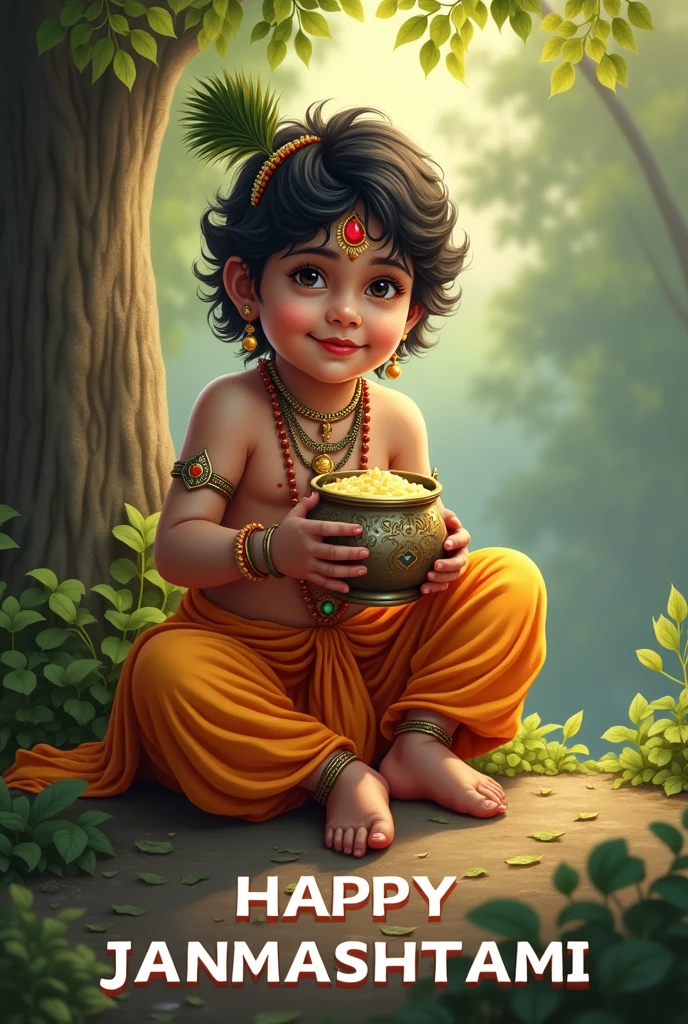 Make image of child lord shri krishna holding the pot of butter in hand in sitting posture and in down side centre write in Bold font "Happy janmashtami" and below this line write in large text Sudarshan Dairy & Apna chemist with picture of cow and medicin