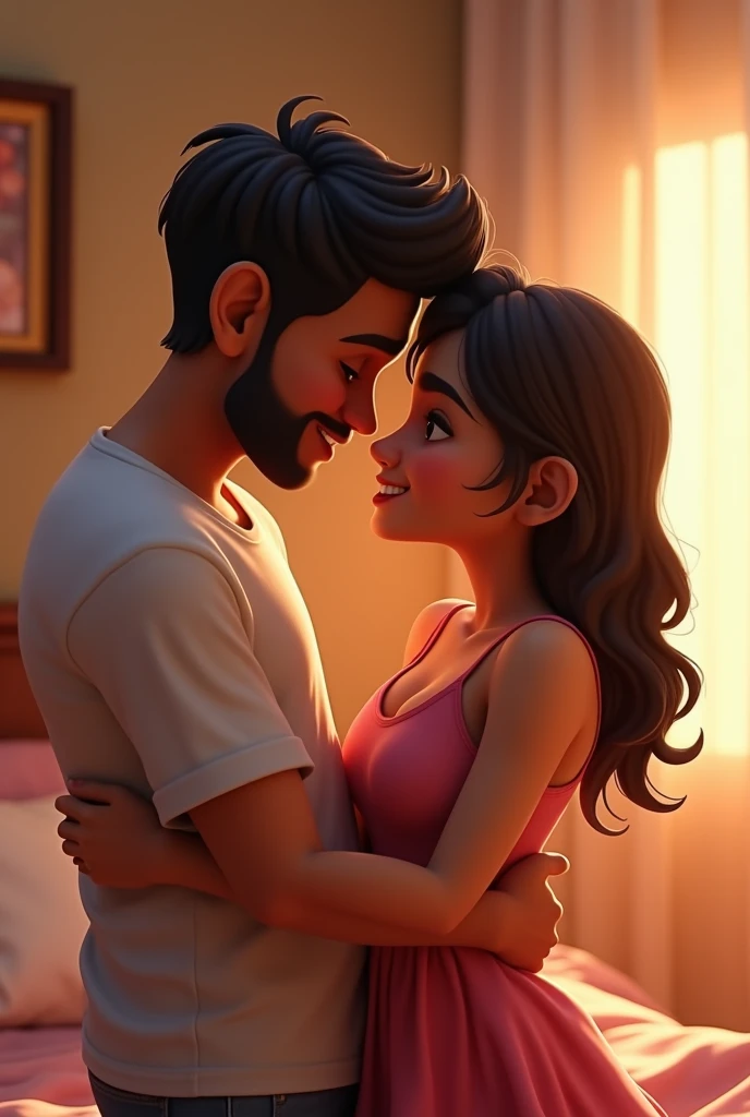 Rohit loves his wife Jenny in the bed 3d animation style age 26