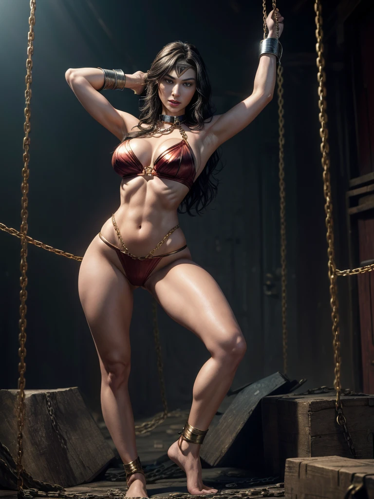 Very sexy picture, a girl, full body,
Gal Gadot playing the city vampirella
, full body picture, very beautiful face, seductive eyes, charming smile, her huge breasts as big as a watermelon, super big hips and ass, bikini uniform, Delicate face, rich environmental content, two legs plump and slender to seduce man, no shoes, legs apart, thong, outline clear camel toes, 1girl, beautiful girl, wonder woman, skirt, hanging, full body, (close eyes:1.3, weak, powerless, sleep), bruises body, (((shackles)), ((shackles and arms up, chain leads, metal collar, wrists tied)), bondage, slavery, restraint, (basemend wall backgroun, dirty, dark, creepy), best quality, masterpiece, arms up, comic style, cartoon source ,high quality painting, 8K,
