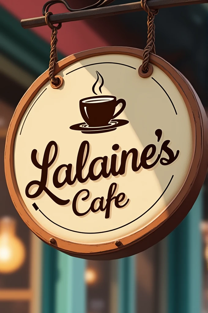 Create a hanging coffee shop logo
"Lalaine's Cafe" is the name
Add a coffee cup on the hanging logo
It must be circle