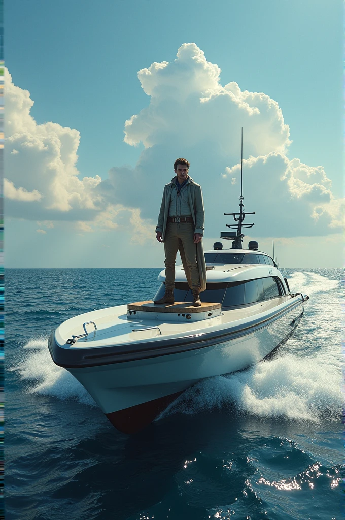 Man, a daring explorer, is at sea on her modern boat.
