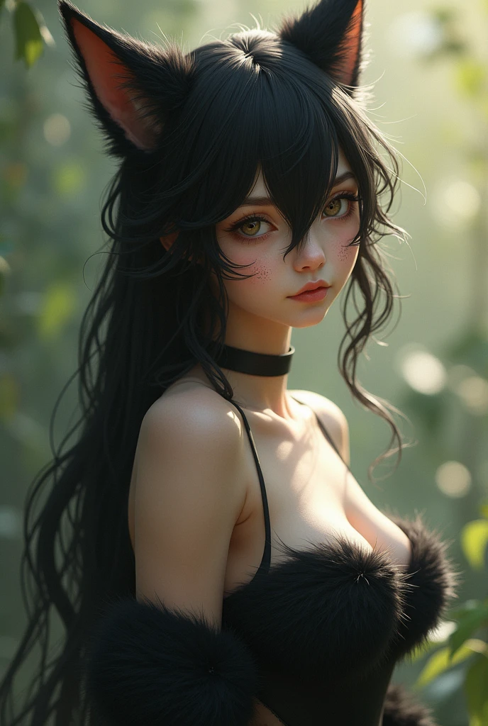 one girl, fox ears, , pure, cute naked, topless, a cat human Mix, human Body, big tits, furry skin, hairy nose , whiskers big eyes, black fur, Cat eyes, hybride 30 %Cat an 70 % human