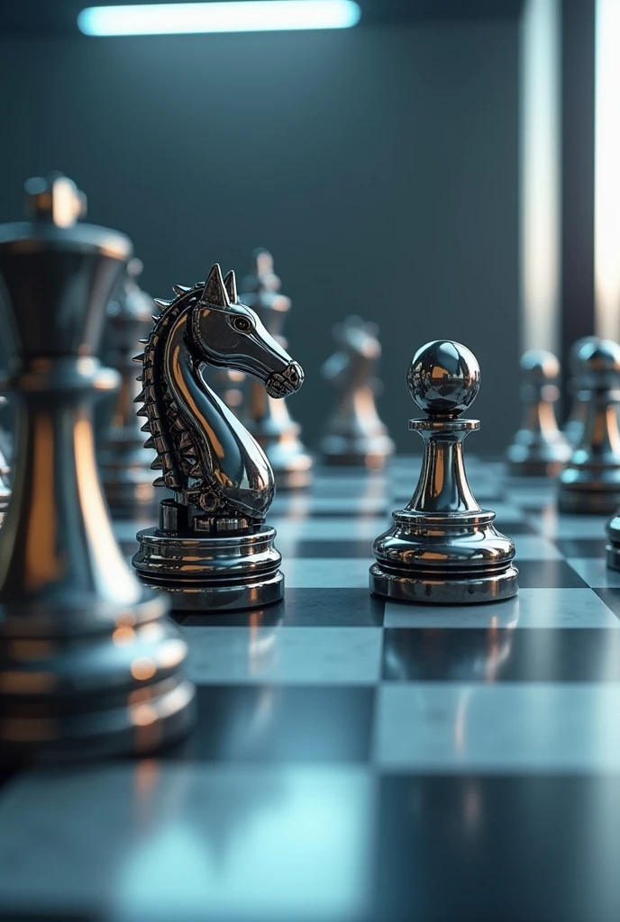 Chess board with robotic chess pieces . Show whole board