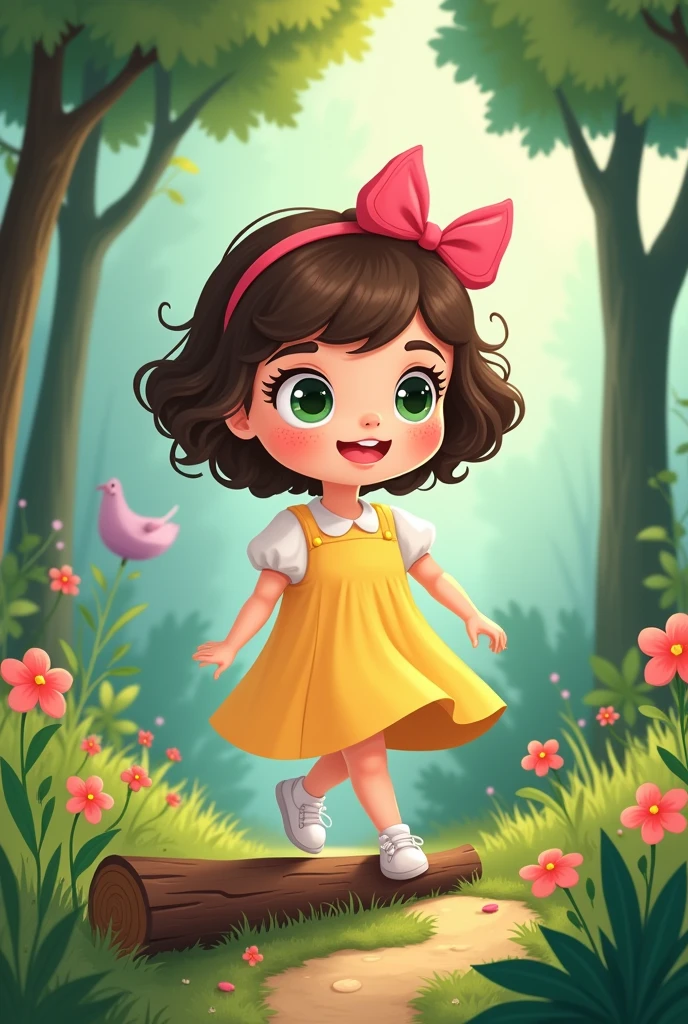 Character: Ellie, a  girl Appearance: Ellie has short, curly brown hair with a pink bow on the side, large curious green eyes, a round face with freckles, and a joyful smile. She wears a light yellow dress with puffed sleeves and white shoes. A cartoon vector illustration of Ellie walking along a winding path in the forest, surrounded by tall trees and vibrant flowers, in a 2.5D style. Ellie is carefully stepping over a log, with a determined expression on her face.
