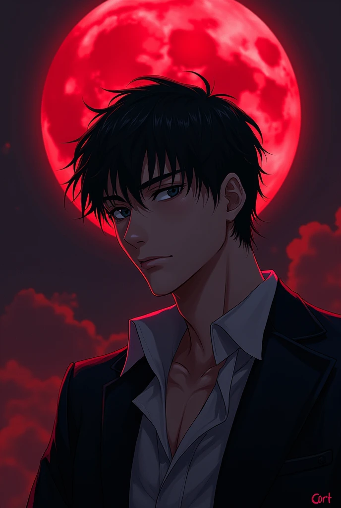 An anime a boy looks like a killer background full moon dark red night bloody and handsome face guy age 22 ( on moon text dev a mystery life )