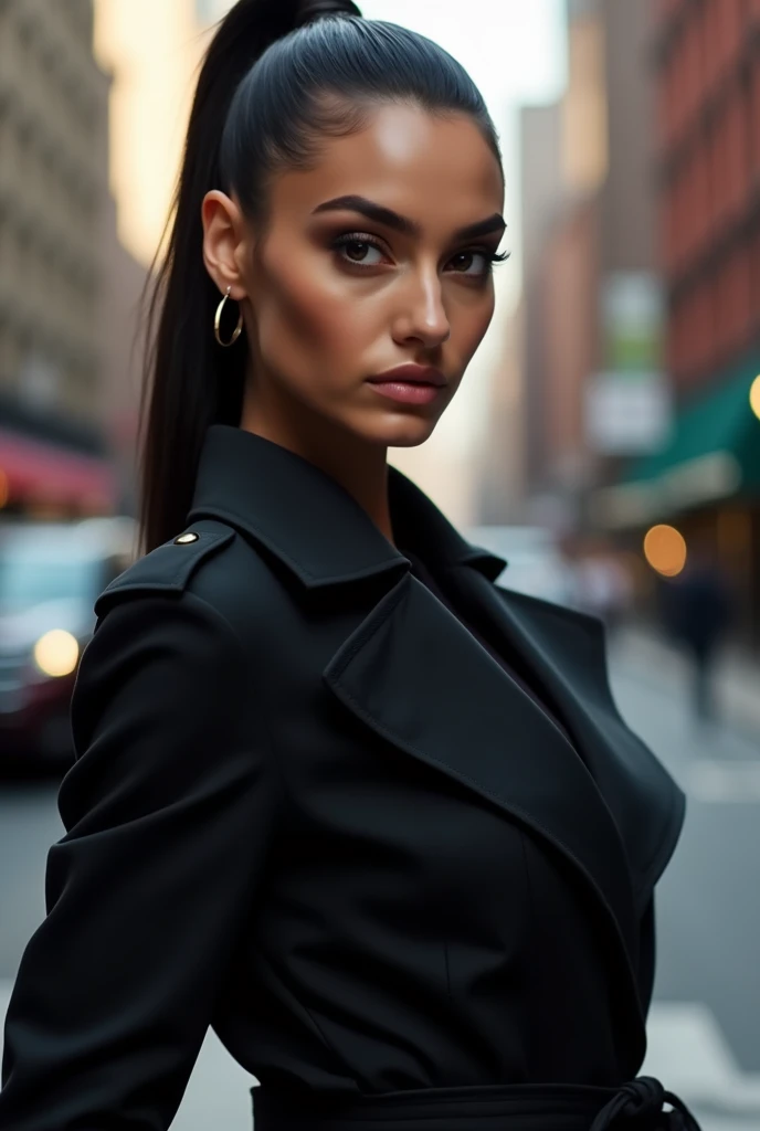Arabic features woman in black trench coat, black trench coat, Hair collected, by collections, hairstyle pigtails, perfect body and face, Megan Fox Portrait, Rostro y perfect bodys, perfect body, life style, attractive body, beautiful body and face, Model with attractive body, city background, New york, New york, sesion de fotos en New york