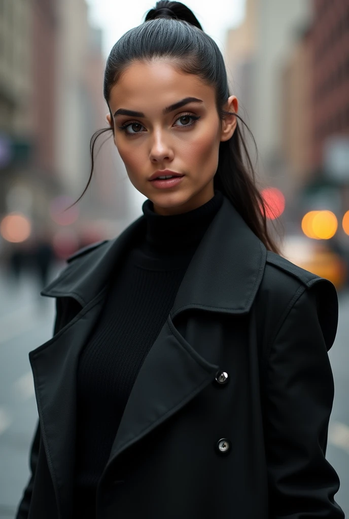 Arabic features woman in black trench coat, black trench coat, Hair collected, by collections, hairstyle pigtails, perfect body and face, Megan Fox Portrait, Rostro y perfect bodys, perfect body, life style, attractive body, beautiful body and face, Model with attractive body, city background, New york, New york, sesion de fotos en New york