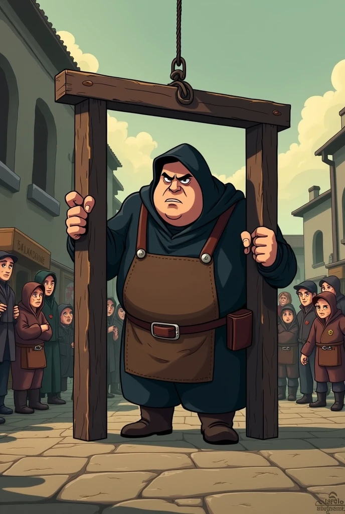 An animated scene in a dark, slightly humorous cartoon style. A burly executioner, wearing a black hood and a simple leather apron, is standing next to a large, old-fashioned guillotine in the middle of a medieval town square. The executioner has a serious, almost bored expression as he checks the sharpness of the guillotine's blade and adjusts the rope with a practiced hand. The scene is set at dusk, with the town's inhabitants peeking nervously from behind wooden carts and market stalls, casting fearful glances. The colors are muted with a slight sepia tone, creating a tense atmosphere, but with a touch of exaggerated features that keeps it within a light-hearted, animated style."