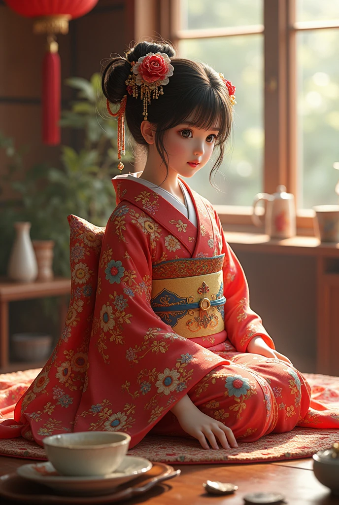 (table top, highest qualityの, highest quality, official art, beautiful and aesthetic:1.2), (1 girl),elaborate costumes(luxurious japanese kimono(colorful kimono(fine embroidery))), very detailed,(fractal art),colorful,best details