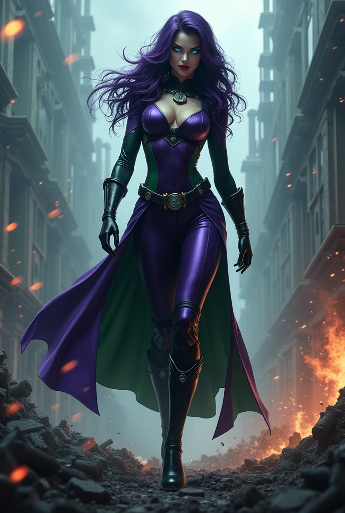Dark purple haired villainess with magnetic powers, wearing a skintight purple and green costume and destroying a factory. Blue eyes, glossy red lips. Evil smirk. Evil wins. Humans dying.