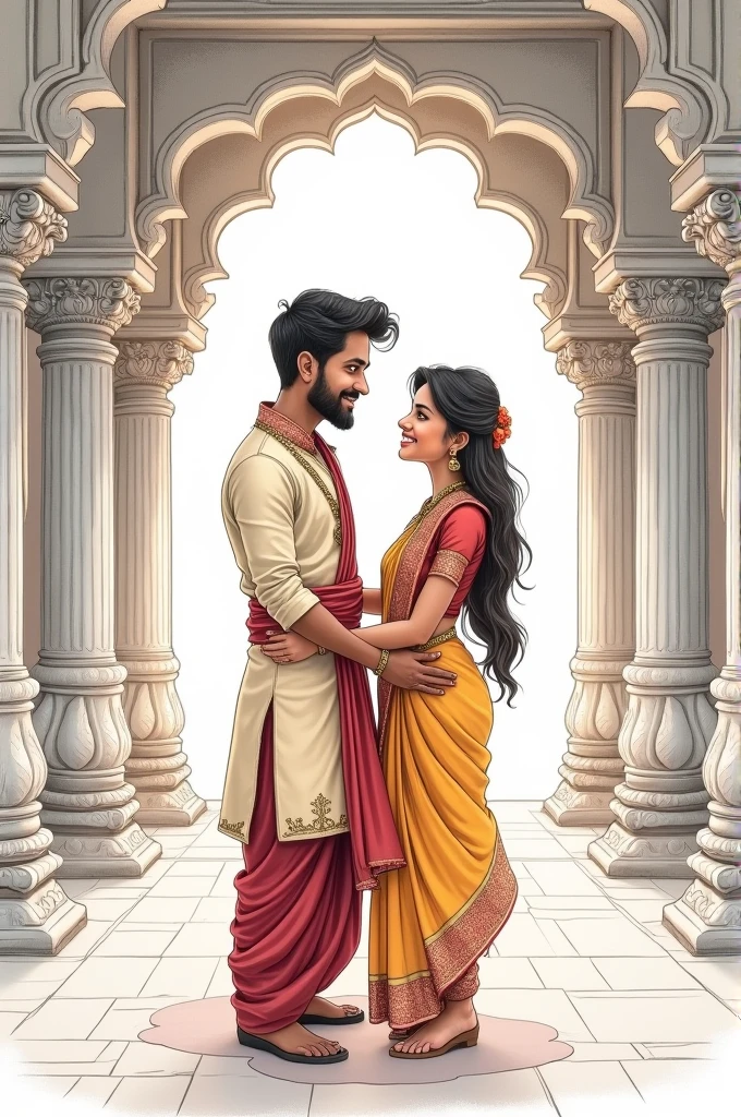 A love pair looking at each other and holding their hands at Indian temple in a traditional wear and it should be like a pencil drawing and their faces should be like a cartoon
