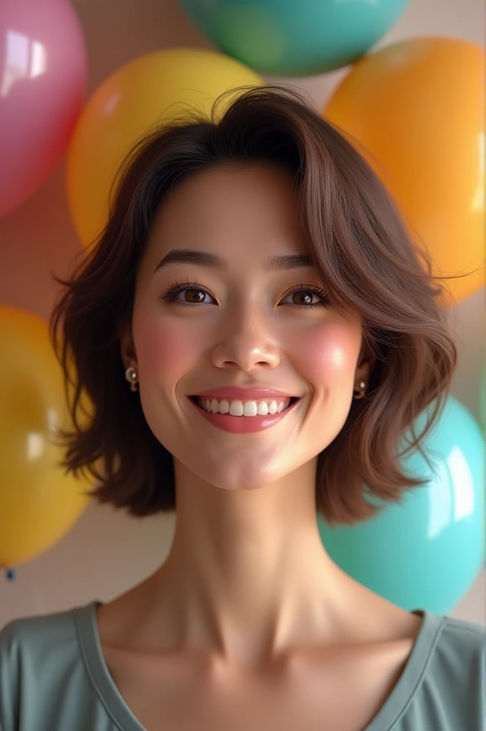Realistic, beautiful senior 55 years woman, short bob brown hair, thin smile, balloons on the background, birthday party atmosphere
