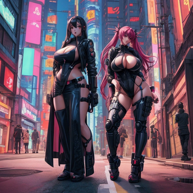 full-length girl with big breasts on the street, anime style, cyberpunk