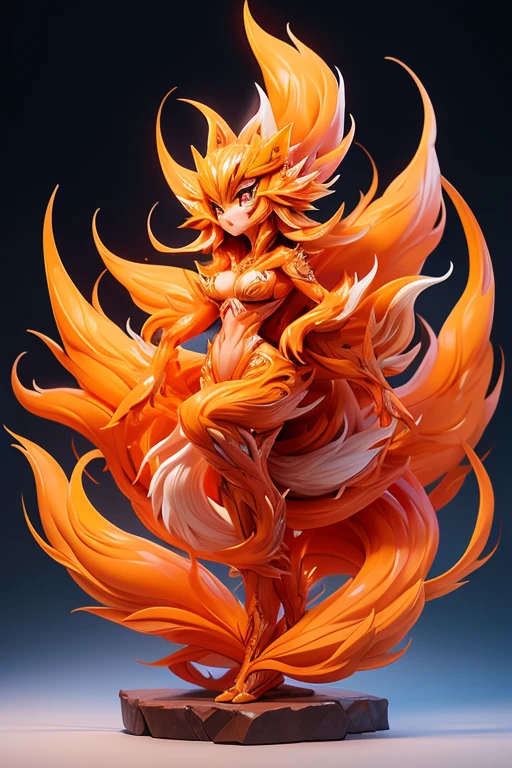 Create a picture of a nine-tailed fox monster.. The body is transparent and can be seen through. The image is sharp and detailed., with beautiful colors.. With arms, leg, eyes, mouth, พื้นหลังสีlegว