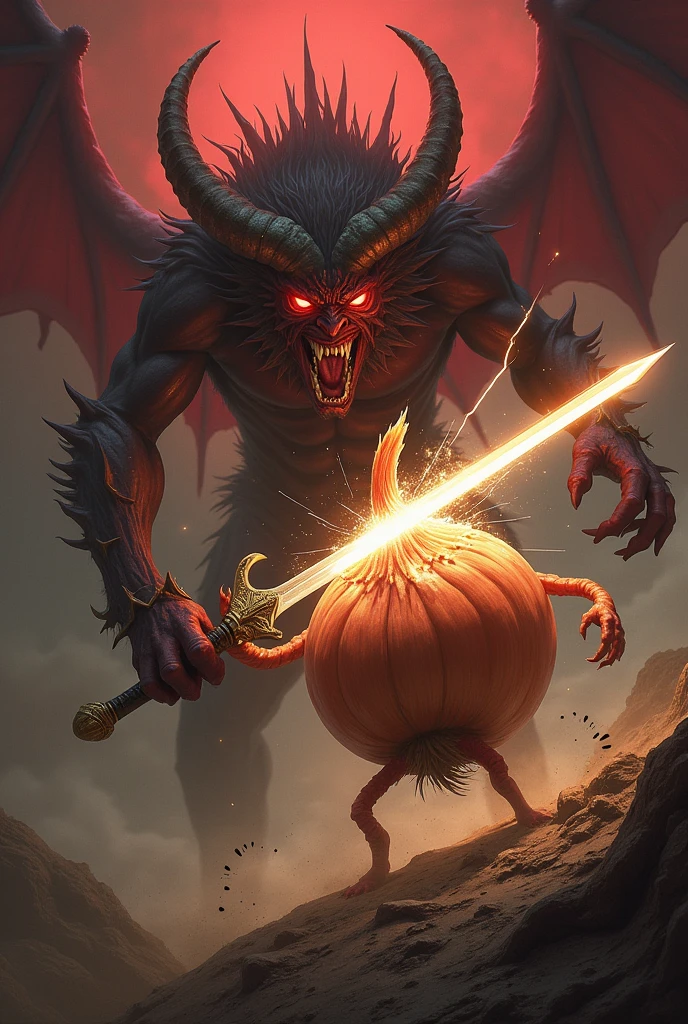 Onion with a sword fighting a demon