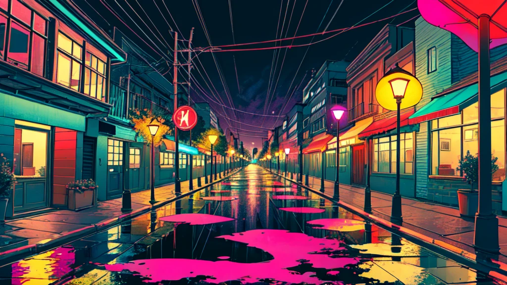 (masterpiece, Highest quality:1.3), (Flat Color:1.3),(colorful:1.3),View your viewers,One person,alone,floating colorful water,(2D:1.3), Hatsune Miku,Rainy night、Unending memories、Dimly lit street lamp