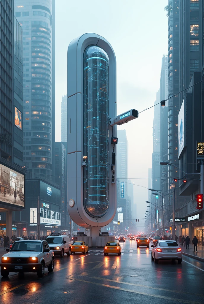 Please help draw a sensor device to collect data on traffic, environment, and energy consumption in the City in 2050.