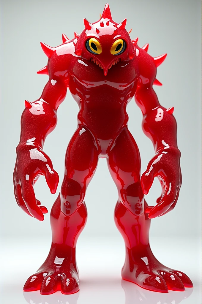 Personnage inspiré d'une gelée avec un corps de gelé rouge avec une ceintures au tour de luis des Main en forme de gelée rouge des yeux jaune est noir une touffe en forme de gelée des jambes de geler rouge est un côté de combattant dangereux 