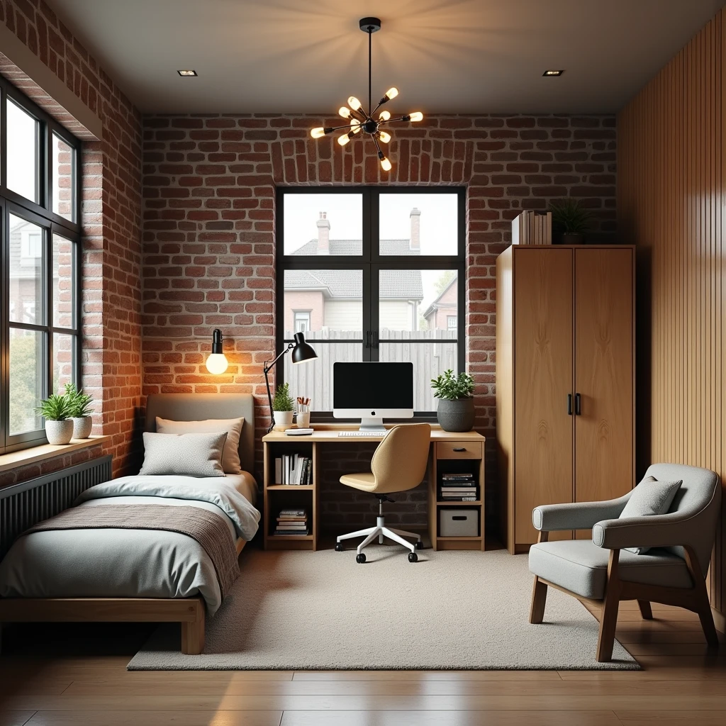 Small modern schoolboy room. Decorative wall of original 19th century brick. Decorative wall of rustic board , single bed, homework desk, two-door wardrobe, bookcase, office chair, computer, monitor, school supplies.
Style: modern, photo-realism, minimalism.
Atmosphere: cosy, warm. Lighting: light from chandelier and desk lamp,