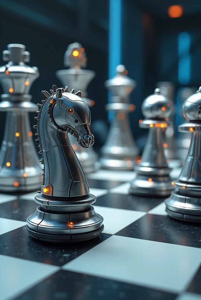 Chess board with robotic chess pieces . Show whole board. Make it more robotic and cool