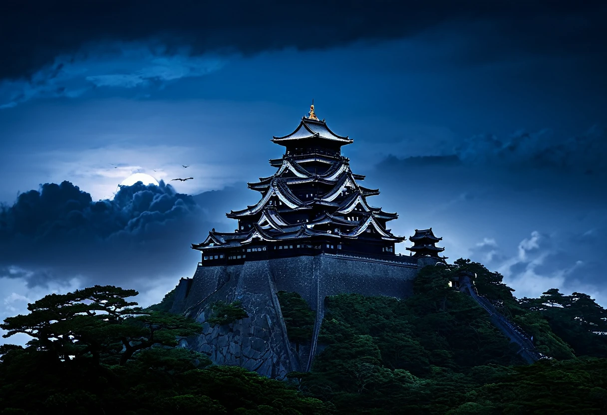 Amid the fierce battles of Japan’s Sengoku era, a divine sleepless fortress towers in the sky. Guarded by a dragon whose thunderous presence dominates the battlefield, this castle shines day and night, surrounded by a sea of clouds. It symbolizes the unending ambition and glory of the warlords. The silhouette of the castle and dragon against the night sky creates a majestic scene where mythology and history intertwine.
