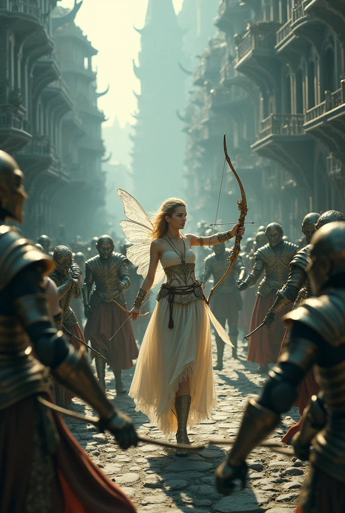 a fair-skinned fairy woman and her army are fighting in a city full of monsters using bows. professional. 3D. ,ultra realistic, Very detailed, digital art. Game art