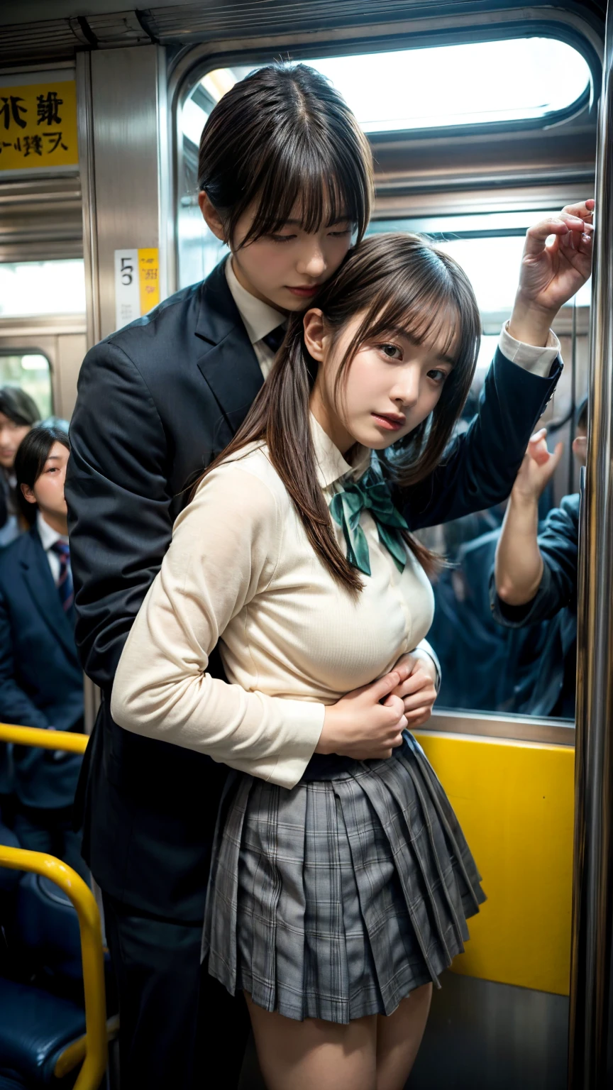 NSFW, crowded train, Japan , Handsome man hugging her from behind, Talking in her ear, lift her up, miniskirt twisted upwards, 40k, photograph, masterpiece, highest quality, dark gray background, ((Japan girls' high school uniform)), A man leans on her from behind、I held you up, Mr.々Hit the pose., large breasts