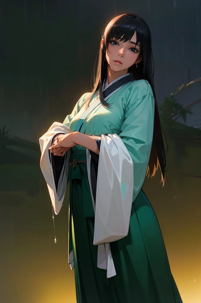 Heavy rain background、In the storm、in the forest、Walking in the river、On the run、In the fog、war (Highest quality,4K,8k,High resolution,masterpiece:1.2), Very detailed, (Realistic,Realistic,Realistic:1.3), High resolution, Hyper HD, Studio Lighting, Ultra-fine painting, Sharp focus, Physically Based Rendering, Very detailed説明, Professional, Vibrant colors, Bokeh, Sports Late Night, Ancient War Landscapes, Traditional Chinese Painting Techniques, Atmospheric lighting, Vivid color contrast, Ethereal atmosphere,Very detailed目と顔, Beautiful attention to detail, Light on the face,白いHanfu (Hanfu: 1.1),My whole body is wet、My clothes are wet and transparent、Nipples are visible、The nipples are pale pink、Rain clouds spreading across the sky、Heavy rain weather、Pouring rain、Wind and rain storm、((Soaked skin from head to toe))、((Rain-soaked clothes(Rain dripping from clothes))、((The lines of your body are clearly visible through your wet clothes...))、、(Green Eyes: 1.1)、Eyes are green、Slim figure、Small breasts、Sexy pose